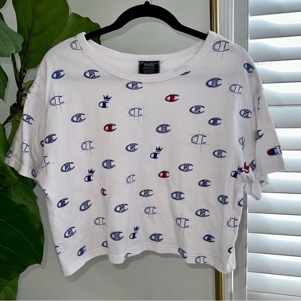 Champion Monogram Crop Short Sleeve Sweatshirt Size Medium White